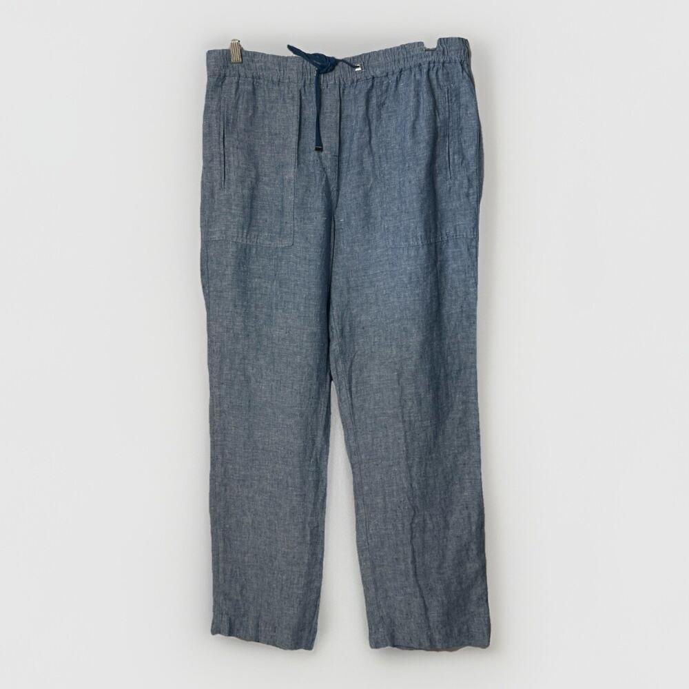 Rafaella Linen Pants Women Large Blue Straight Leg Casual Beach Nautical Resort